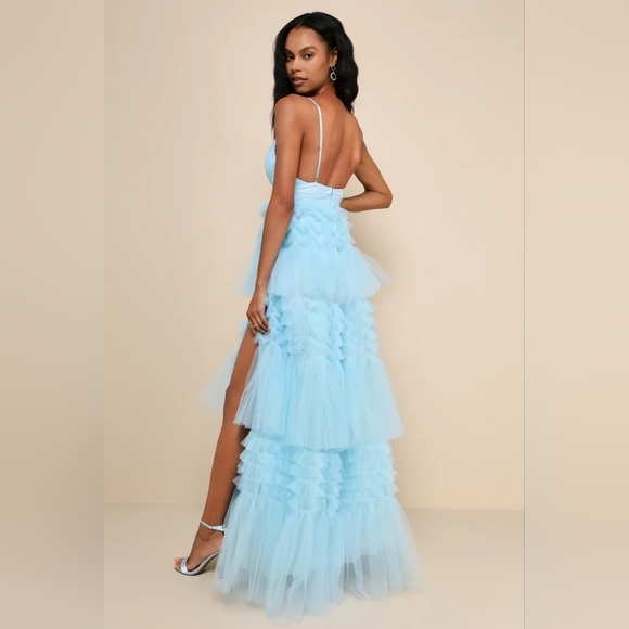 Lulus Gorgeous Statement Blue Tulle Tiered Ruffled Maxi Dress L Party Prom - Picture 5 of 9